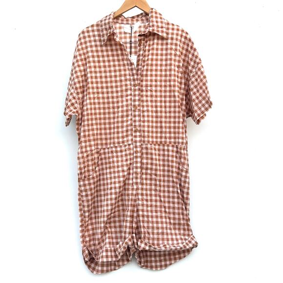 New Acacia Oliver Organic Cotton Romper Large Sunday Plaid Jumpsuit Short Sleeve - Picture 1 of 7